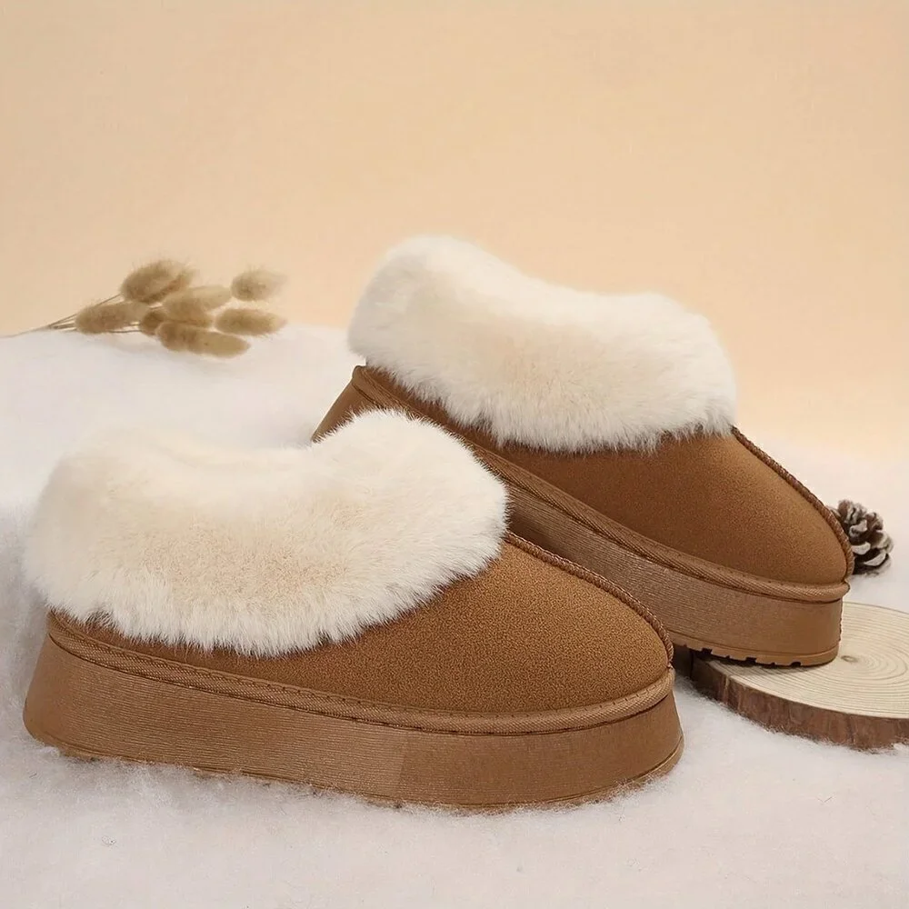 Dark Brown Casual Women's Thick Flat Suede Shearling Slippers